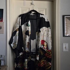 Elegant Black and White Kimono with Red Accents